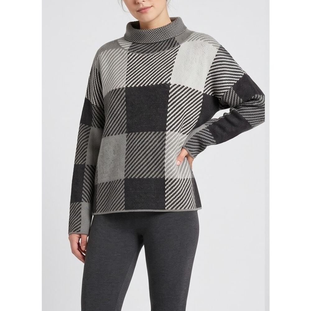 DKNY XL Acrylic Sweater Black Gray Buffalo Plaid Turtleneck Pullover